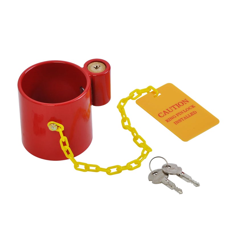 WINTOOLS Heavy Duty Steel Kingpin Lock Wheel Trailer Lock King Pin Red with Bright Yellow Caution Tag - Image 1